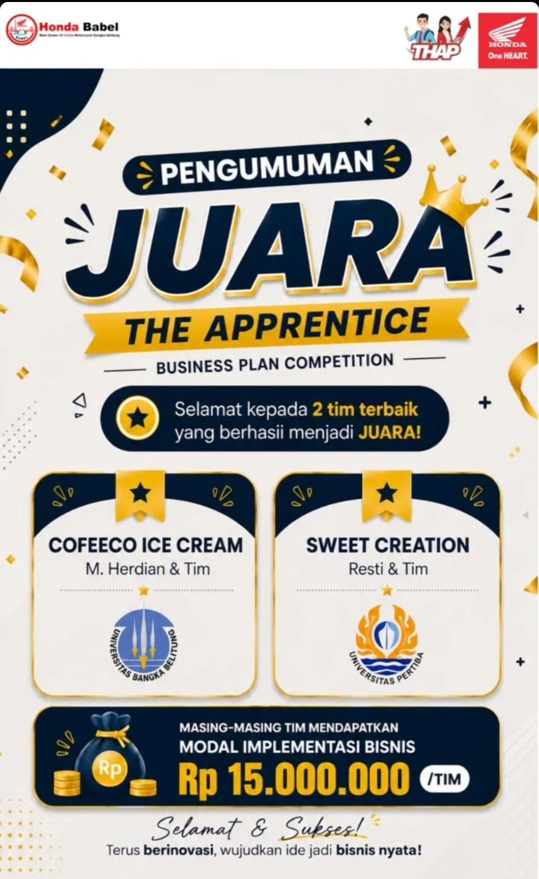 Mahasiswa FEB Universitas Pertiba Raih Juara The Apprentice Business Plan Competition 2026, Dapat Dukungan Modal Implementasi Bisnis Rp15 Juta